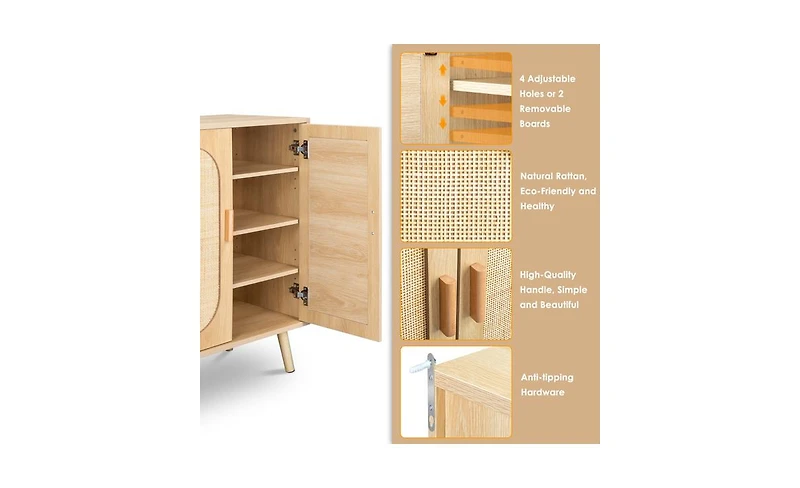 Modern Rattan Shoe Storage Cabinet with 3 Doors and Adjustable Shelves