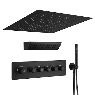24 Inches Luxury 5-Function Thermostatic Shower System with Handheld Shower Rain Showerhead with Neck/Back Massage Spout Spout Shampoo Shelf