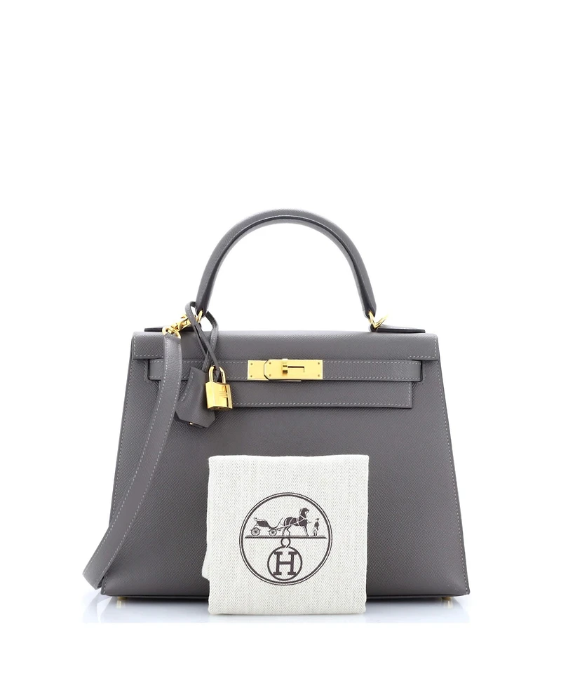 Pre-Owned HERMES Kelly 28 Handbag Grey Epsom with Gold Hardware