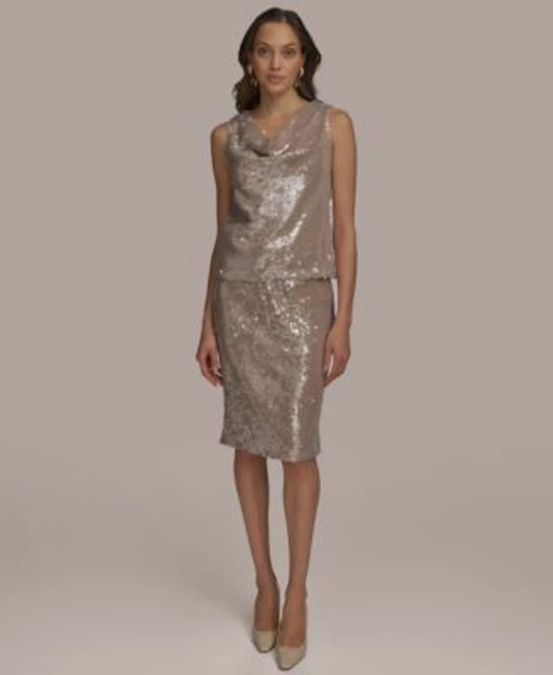 Donna Karan New York Womens Sequin Cowl Neck Top Pencil Skirt