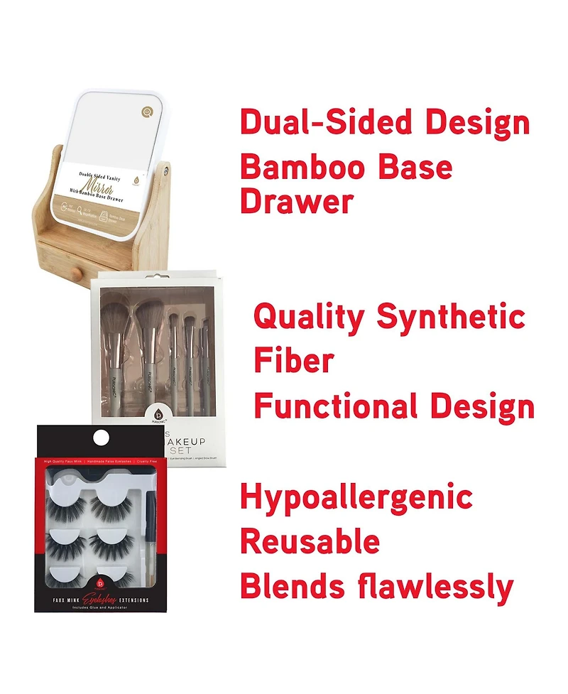 Pursonic Glamour Essentials Bundle: Studio Makeup Brush Set, False Eyelashes Extensions (3 pairs per pack) and Dual-Sided Vanity Mirror