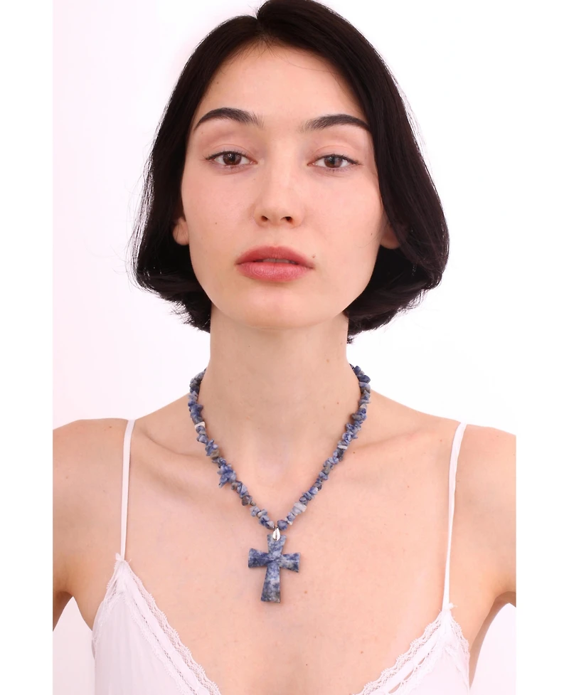 Blue Crystal Beads Cross Pendant Necklace 16.5"