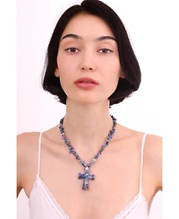 Blue Crystal Beads Cross Pendant Necklace 16.5"