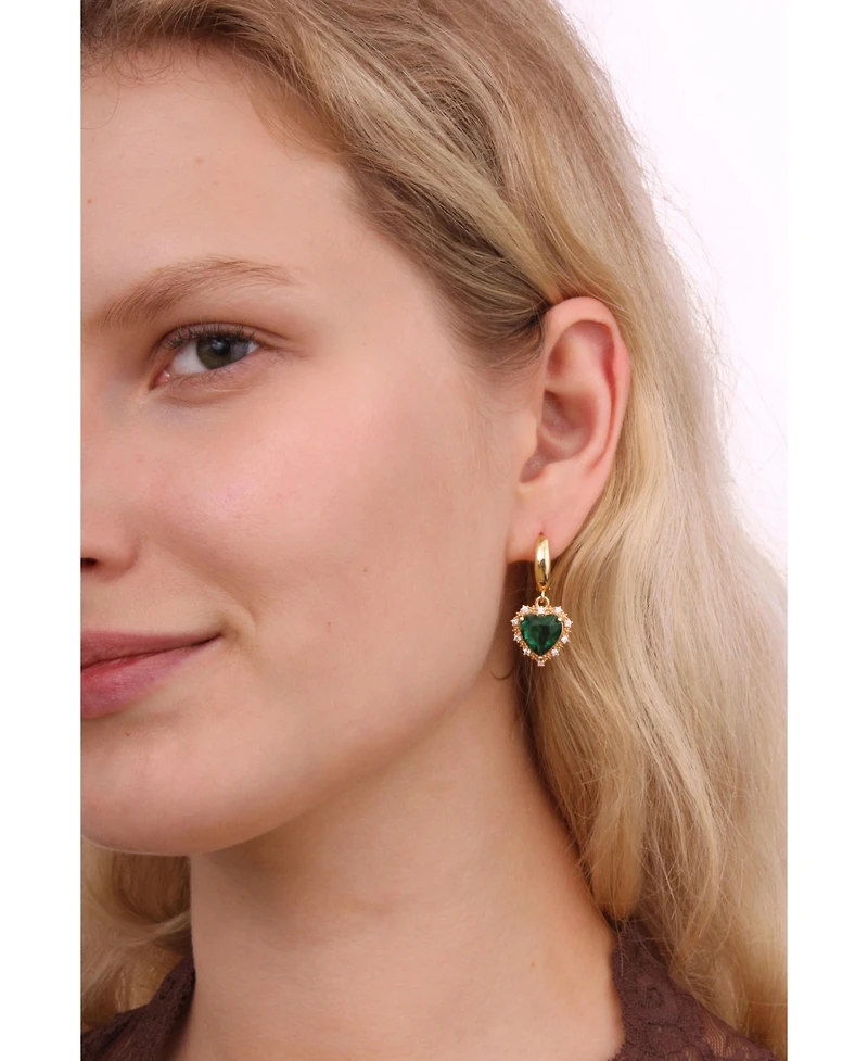 Yellow Earrings With Green Heart Pendant 1.5″