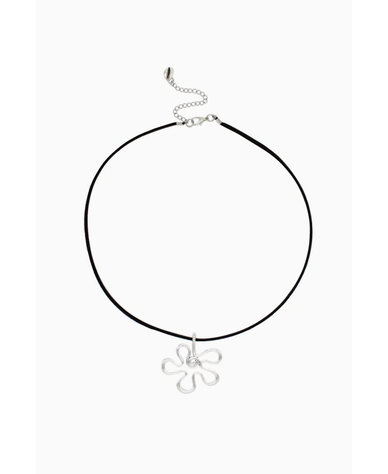Black Suede Cord Necklace With Steel Flower Charm 18″