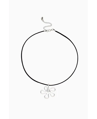 Black Suede Cord Necklace With Steel Flower Charm 18″