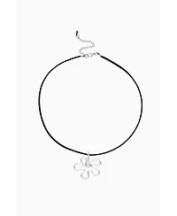 Black Suede Cord Necklace With Steel Flower Charm 18″