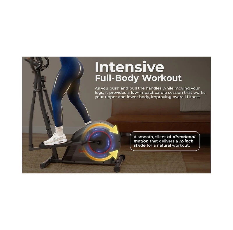 Sunny Health & Fitness 12” Stride Smart Elliptical Machine w/300LB Capacity & Pulse Sensor w Free SunnyFit App Bluetooth