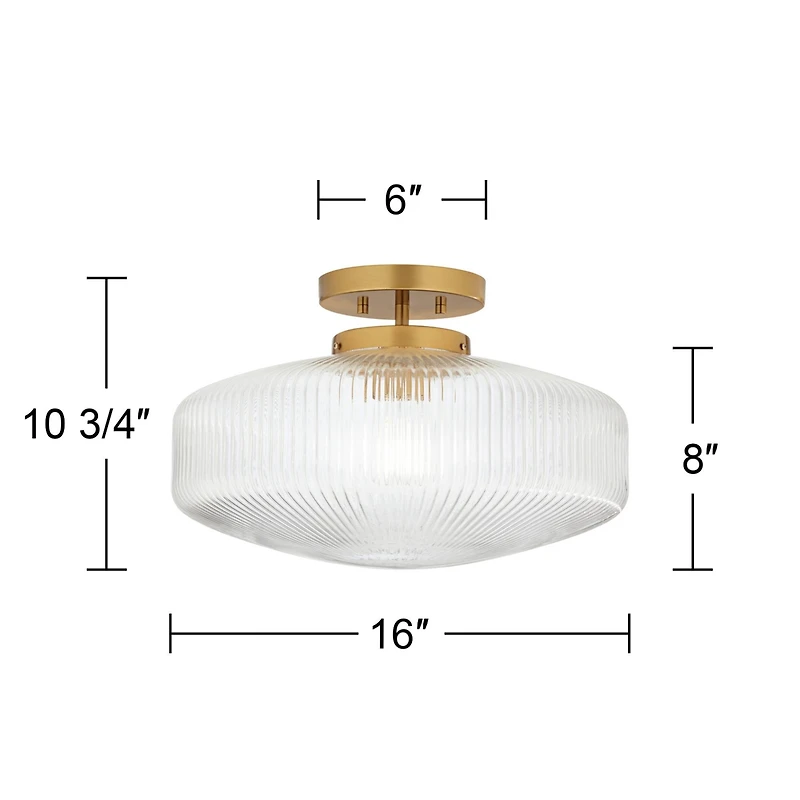Possini Euro Design Brianna 16" Modern Semi Flush-Mount Ceiling Light Fixture Kitchen Foyer Round Warm Brass Finish Ribbed Glass