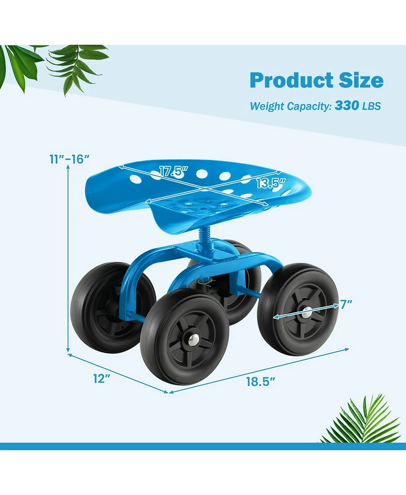 Garden Rolling Workseat with Swivel Seat and Adjustable Height Comfortable Mobile Tool for Outdoor Tasks