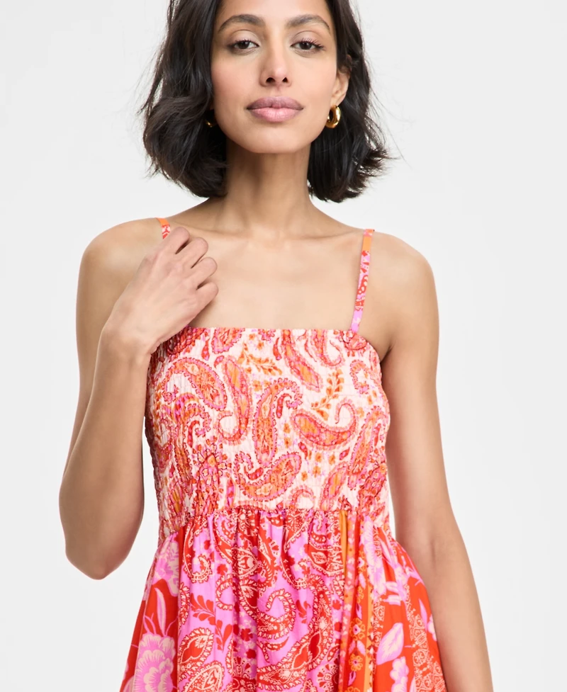 Msk Women's Cotton Printed Smocked-Bodice Maxi Dress