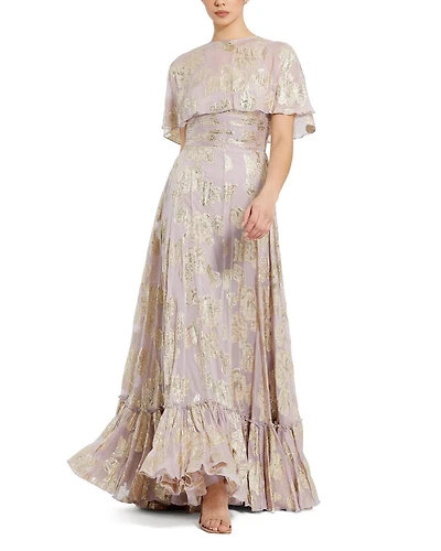 Mac Duggal Women's Floral Print High Neck Cape Sleeve A Line Gown
