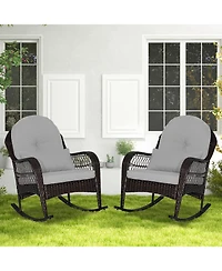 Patio Rattan Rocking Chair with Seat Back Cushions and Waist Pillow-Navy