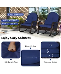 Patio Rattan Rocking Chair with Seat Back Cushions and Waist Pillow-Navy