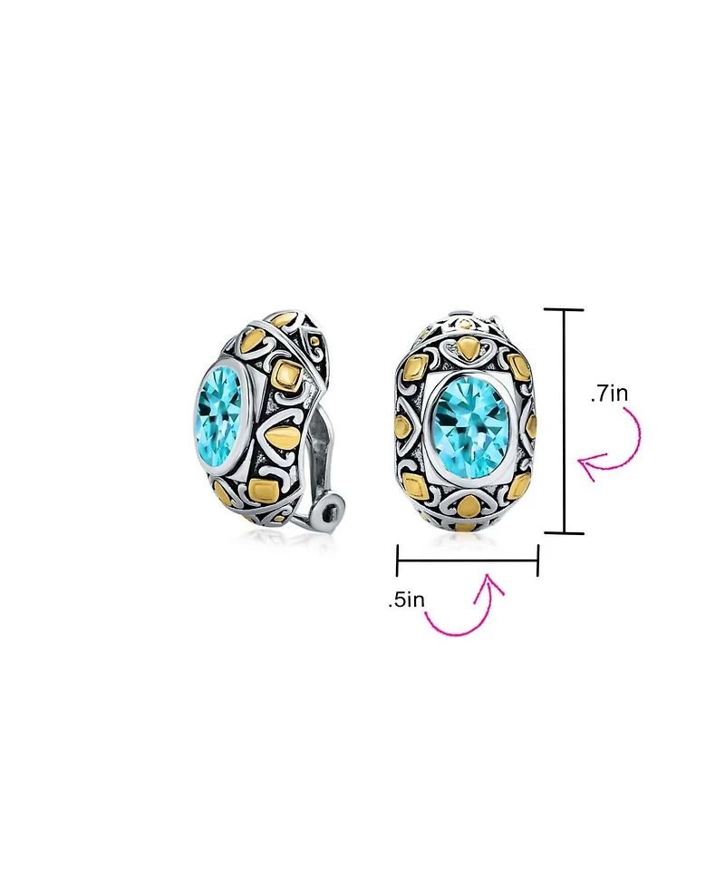 Bling Jewelry Two-Tone Bali Style Aqua Blue Oval Clip-On Earrings with Simulated Aquamarine Cz
