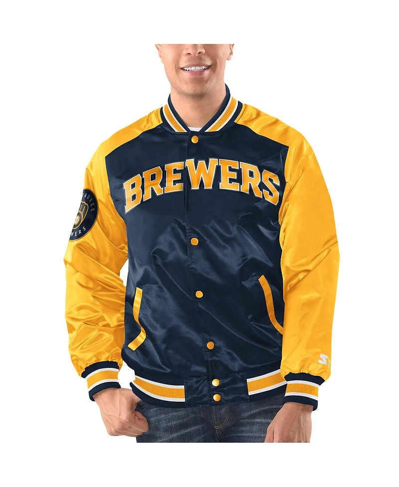 Starter Men's Navy/Gold Milwaukee Brewers Varsity Satin Full-Snap Jacket