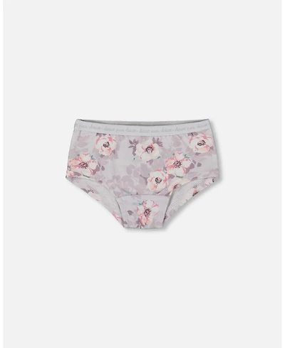 Girl Printed Cotton Boyshort Panty Pale Pink Flowers On Neutral Lilac - Toddler|Child