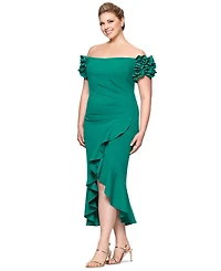 Xscape Plus Ruffled Off-The-Shoulder Midi Dress