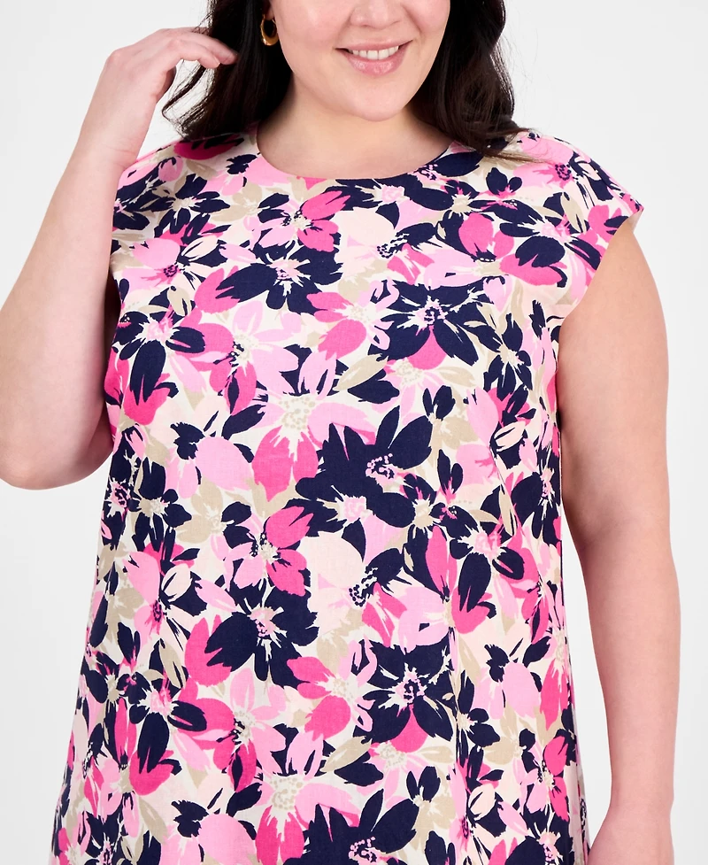 Jones New York Plus Size Floral-Print Linen-Blend Swing Dress
