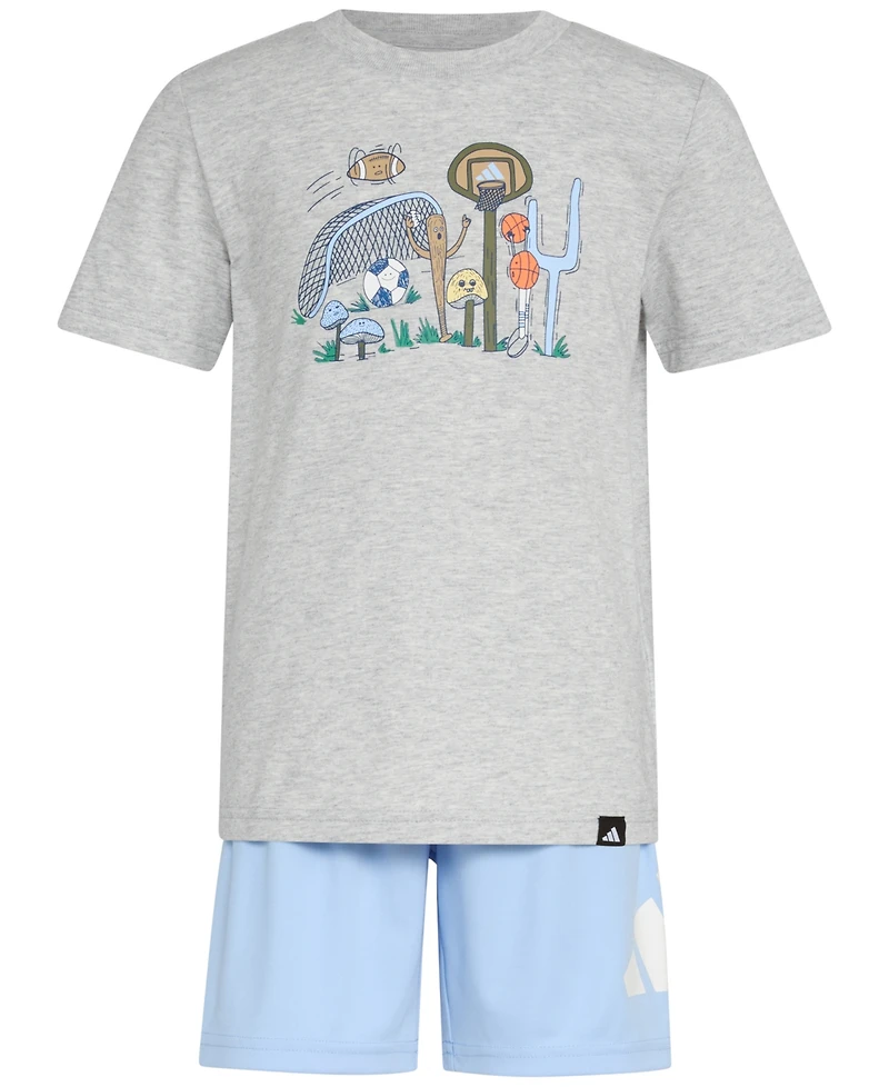 adidas Toddler & Little Boys Short-Sleeve Heather T-Shirt & Elastic-Waistband Logo Shorts, 2 Piece Set