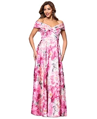 Xscape Women's Printed Off-The-Shoulder Gown