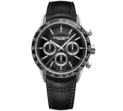 Raymond Weil Men's Swiss Automatic Chronograph Freelancer Black Leather Strap Watch 44mm