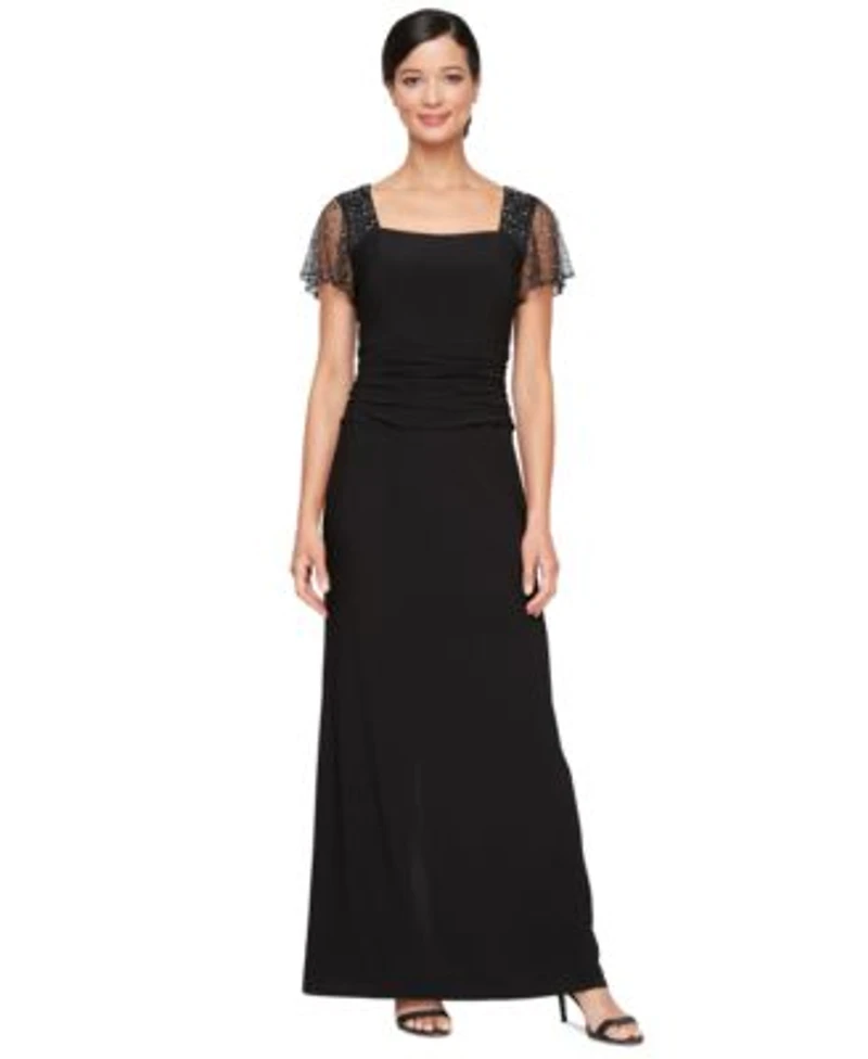 Sl Fashions Womens Beaded Flutter Sleeve Ruched Gown