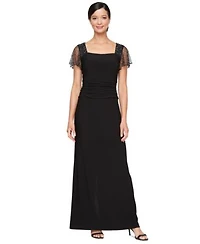 Sl Fashions Womens Beaded Flutter Sleeve Ruched Gown