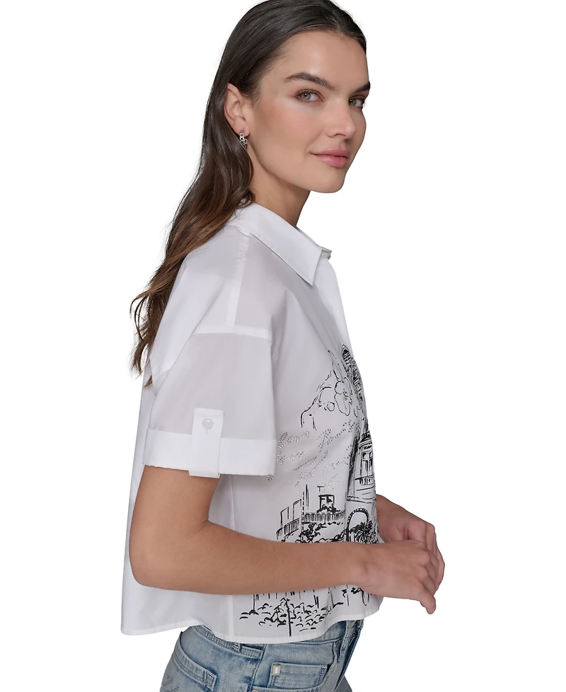 Karl Lagerfeld Paris Women's Cotton Crop Scene Button-Front Top