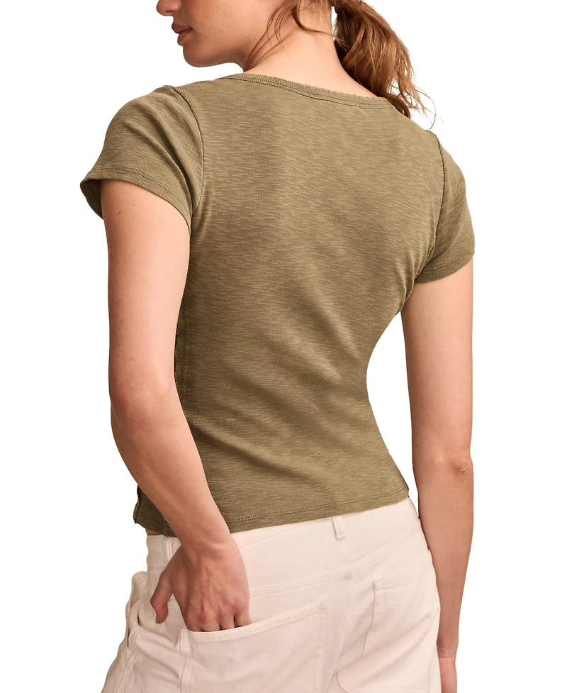 Lucky Brand Women's Cotton Crochet-Trim Short-Sleeve Henley Top