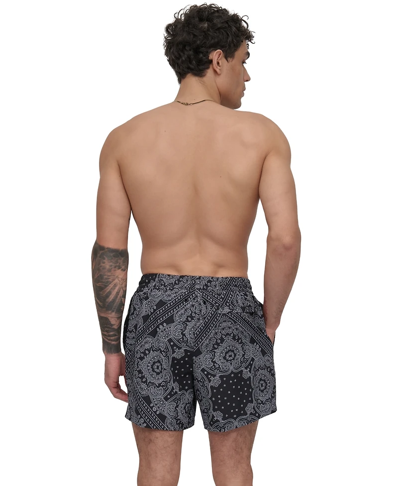 Dkny Men's Euro Black & White Bandana Print Performance 5" Volley Shorts