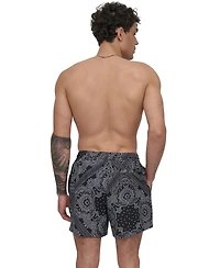 Dkny Men's Euro Black & White Bandana Print Performance 5" Volley Shorts