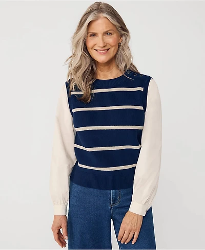 Lands' End Women's Drifter Shaker Button Shoulder Sweater Vest with Poplin Sleeves