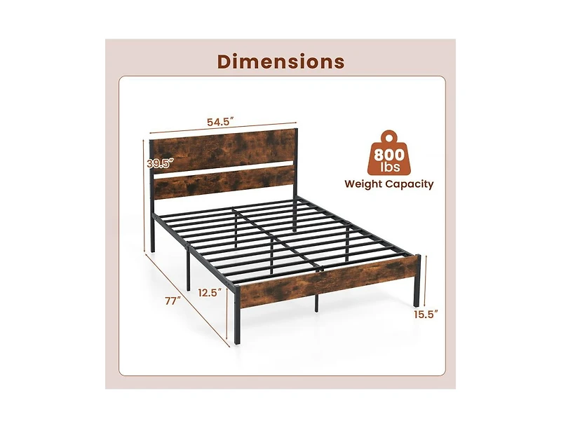Metal Bed Frame with Wooden Headboard and Footboard