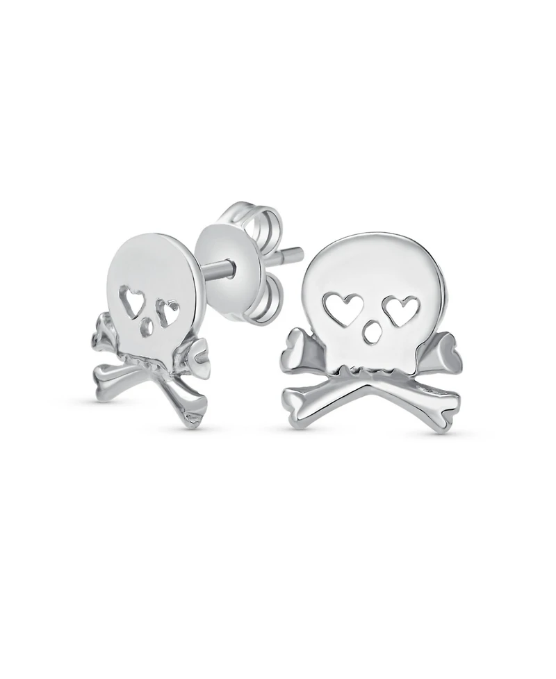 Bling Jewelry Whimsical Heart Eyes Pirate Skull & Crossbones Stud Earrings Sterling Silver