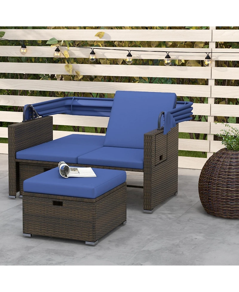 Outdoor Patio Rattan Daybed with Retractable Canopy and Adjustable Backrests
