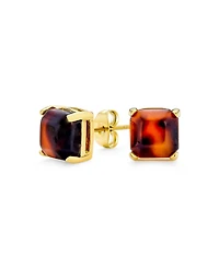 Bling Jewelry Brown Cushion Square Acrylic Tortoise Shell Stud Earrings 8MM Gold Plated Stainless Steel