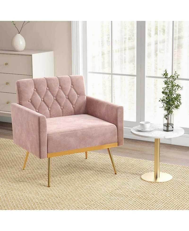 Modern Velvet Accent Chair with Button Tufted Back Golden Metal Legs & Foot Pads
