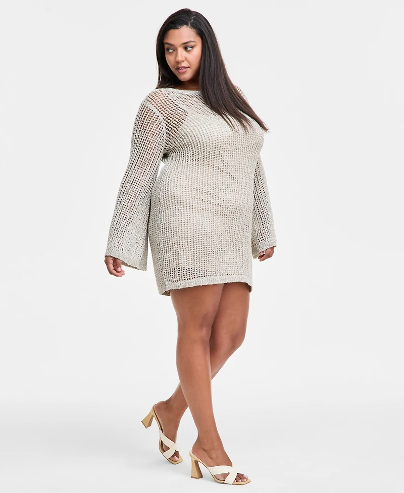 Bar Iii Trendy Plus Long-Sleeve Crochet Mini Dress, Exclusively at Macy's