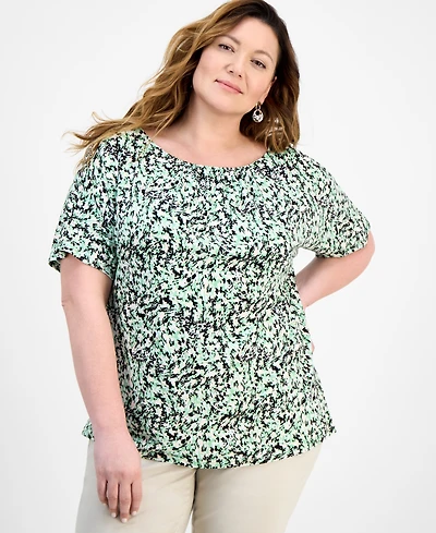 Jm Collection Plus Printed Shirred Tee, Exclusively at Macy's