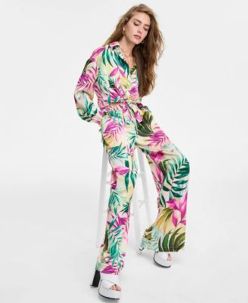 Guess Womens Tie Front Printed Shirt Ines Wide Leg Pants