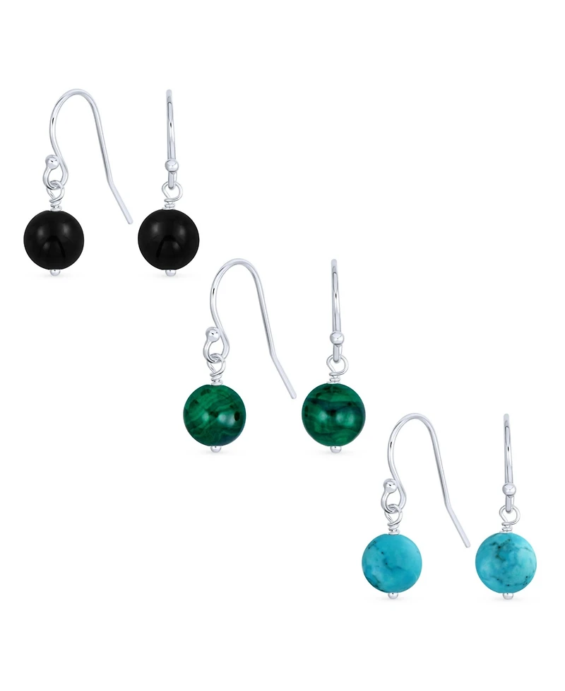Bling Jewelry Set of Three Drop Ball Earrings Natural Black Onyx Blue Turquoise Green Malachite Beads Sterling Silver Hooks