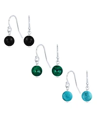 Bling Jewelry Set of Three Drop Ball Earrings Natural Black Onyx Blue Turquoise Green Malachite Beads Sterling Silver Hooks