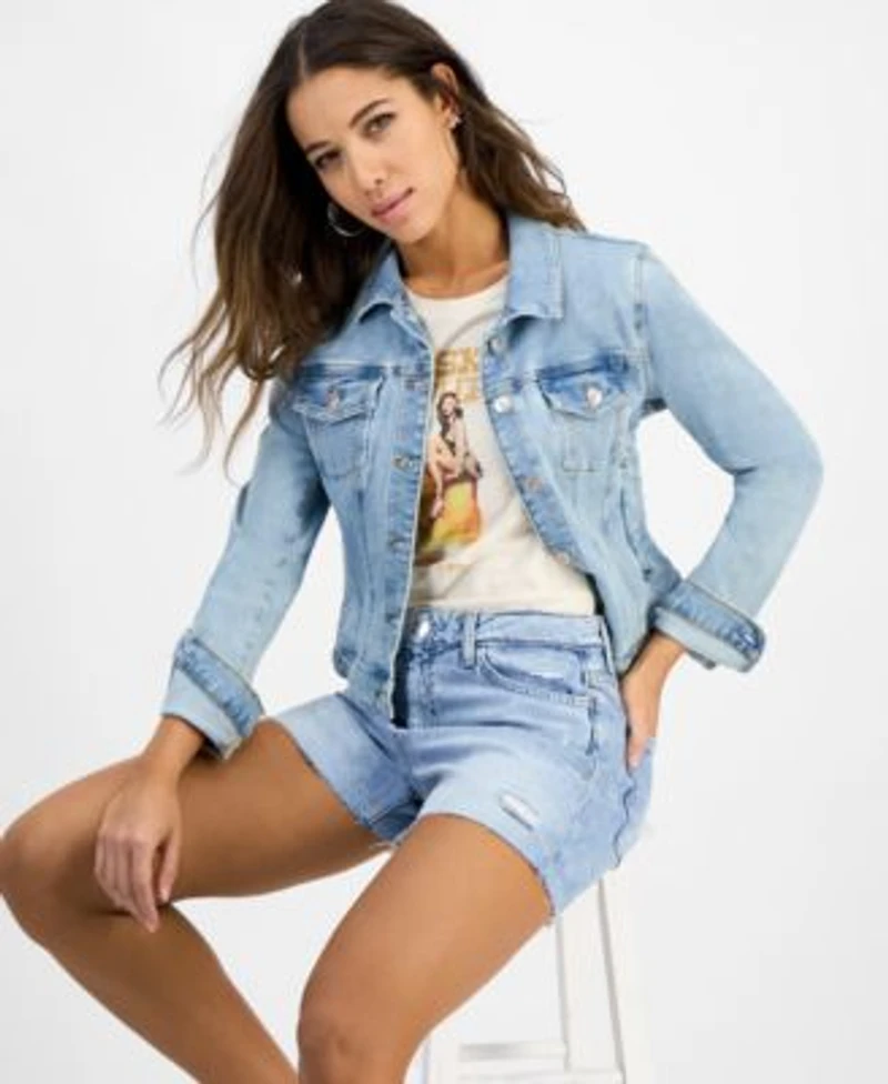 Guess Denim Trucker Jacket Pinup Graphic T Shirt Relaxed Denim Shorts