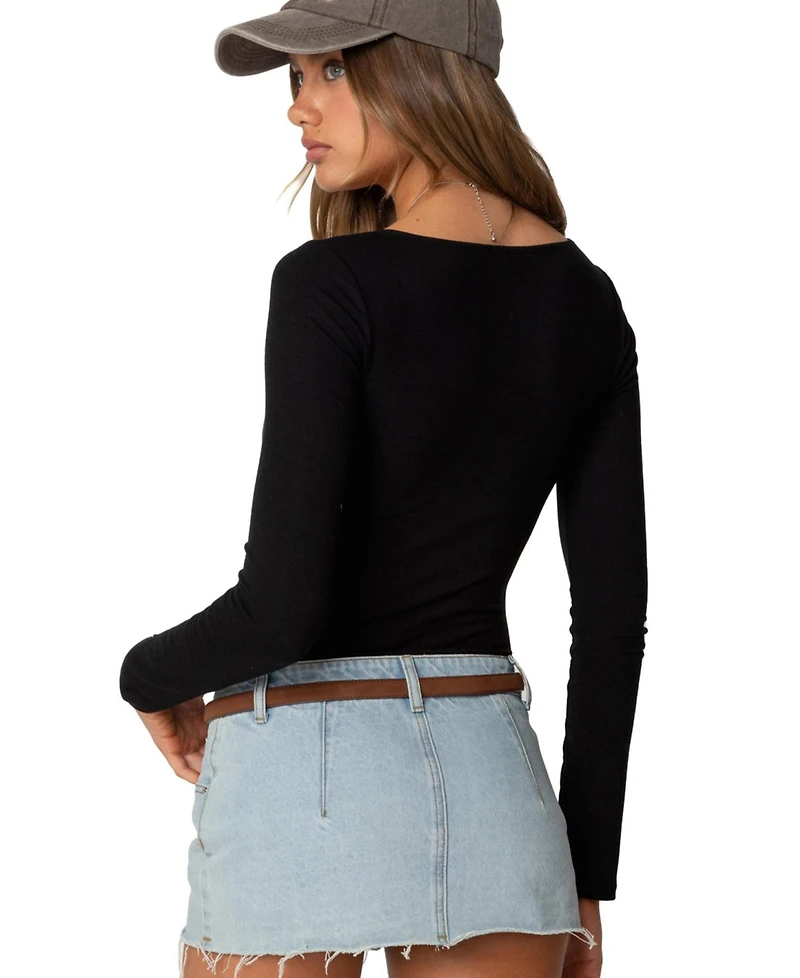 Edikted Womens Jonah Long Sleeve V Neck Bodysuit