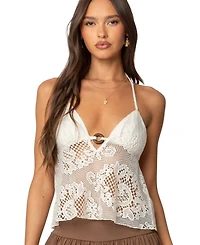 Edikted Womens Sheer Crochet Babydoll Halter Top