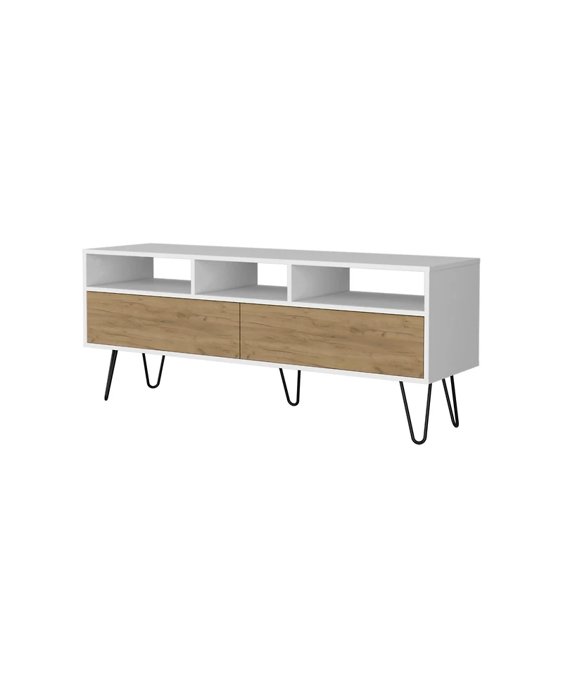 Fm Furniture Olds Tv Stand with 2 Doors and Open Storage, White and Natural Oak