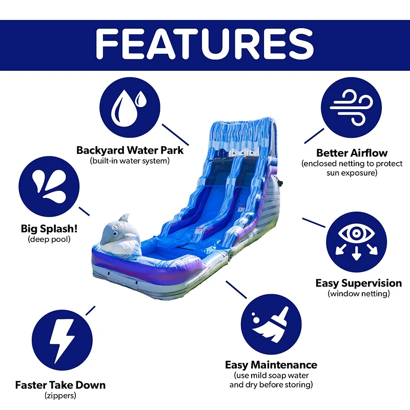 HeroKiddo 16FT Dolphin Inftatable Water Slide with Detachable Pool & Air Blower, Commercial Grade, 100% Pvc Vinyl, Outdoor Backyard, Kids and Adults,