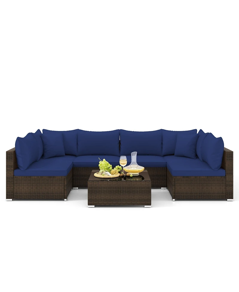 7 Pieces Patio Rattan Furniture Set with Sectional Sofa Cushions