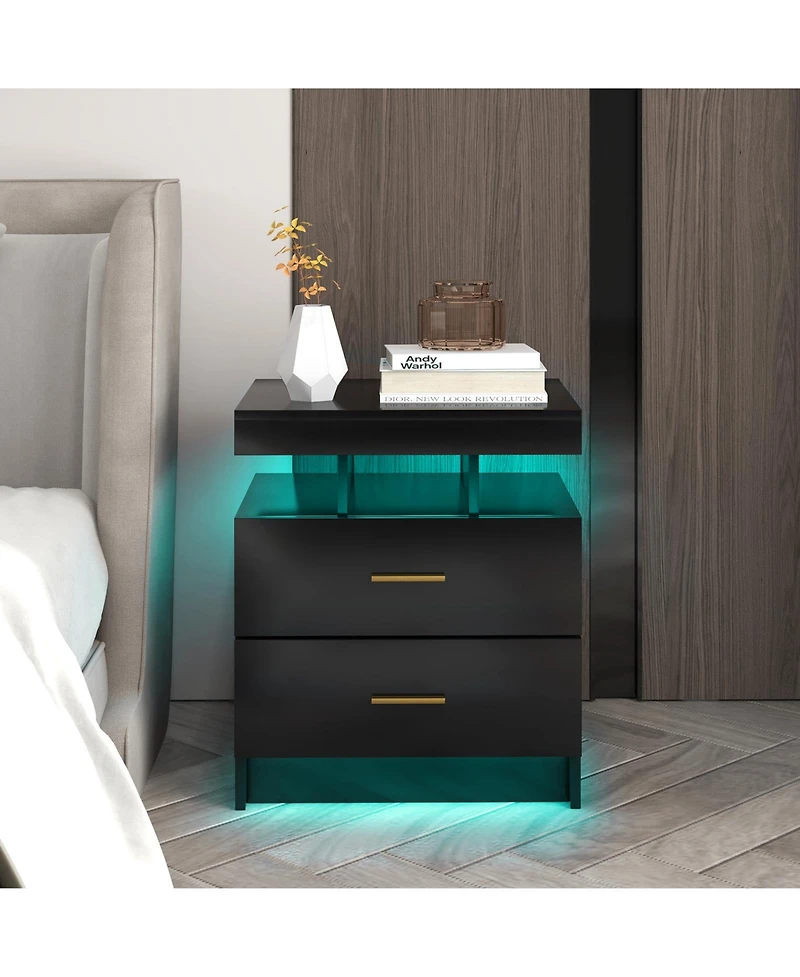 Led Nightstand with 2 Storage Drawers for Bedroom